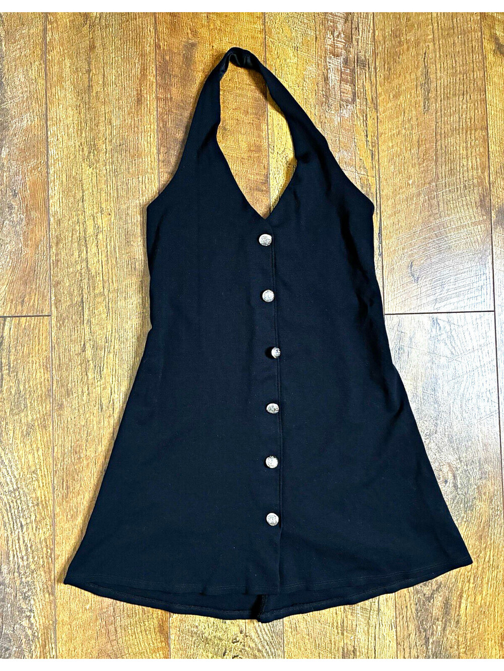 21 Saints Black Halter Mini Dress Silver Ornate Buttons Size Small